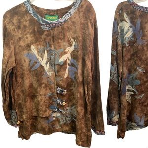 KUSNADI NY Boho Artisan Brown Multi Blouse Top L
